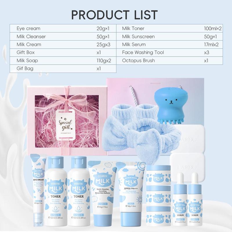 Milk Skincare Set, 1 Set Moisturizing Facial Cleanser & Eye Cream & Sunscreen & Moisturizer & Essence & Toner & Soap & Wash Tool & Brush & Gift Box