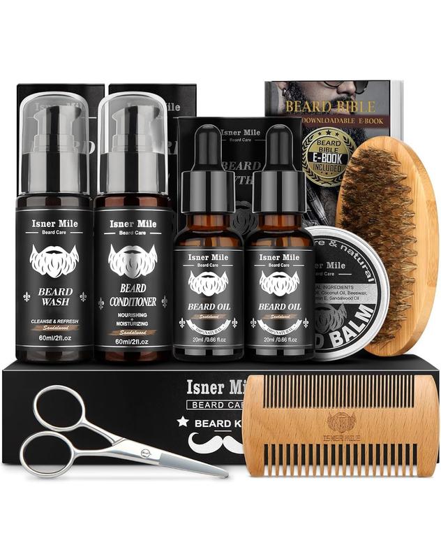 Beard Grooming Kit with 2 Pack Beard Original Oil, Beard Balm, Wash & Conditioner for After Shave Lotions-Sandalwood, Beard Brush, Combs, Valentine's Day Christmas Fathers Gifts for Dad or Men
