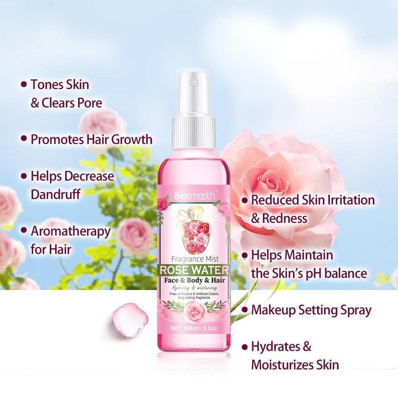100ml Rose Water Body Mist for Dry & Damaged Skin, Gentle Rosewater Spray for Skin & Hair Use, Hydrating Facial Care Mist for Long-lasting Fragrance