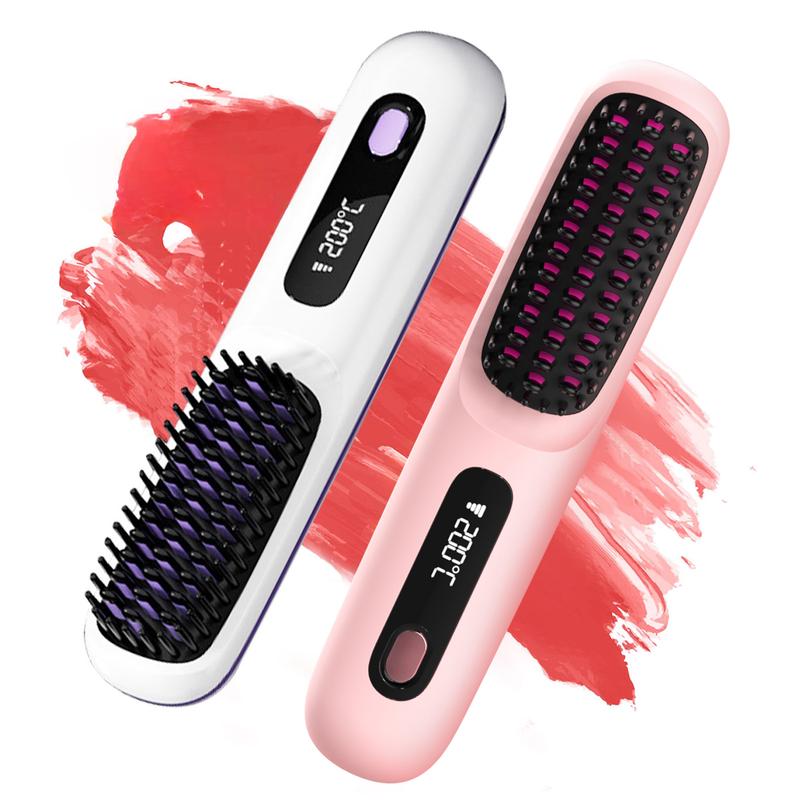 A Cordless Hair Straightener Brush oval brush Portable Negative Ion Hot Comb Long Battery Life with USB Rechargeable Feature Fast Heating Anti-Scald 3 Temp Settings , 20Mins Auto-Off, for Travel