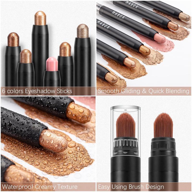 2 in 1 Long Lasting Eyeshadow Stick & Eye Makeup Brush Set, 6 Counts Shiny Pearlescent Glitter Shimmering Eyeshadow, Sparkling Lying Silkworm Eyeliner