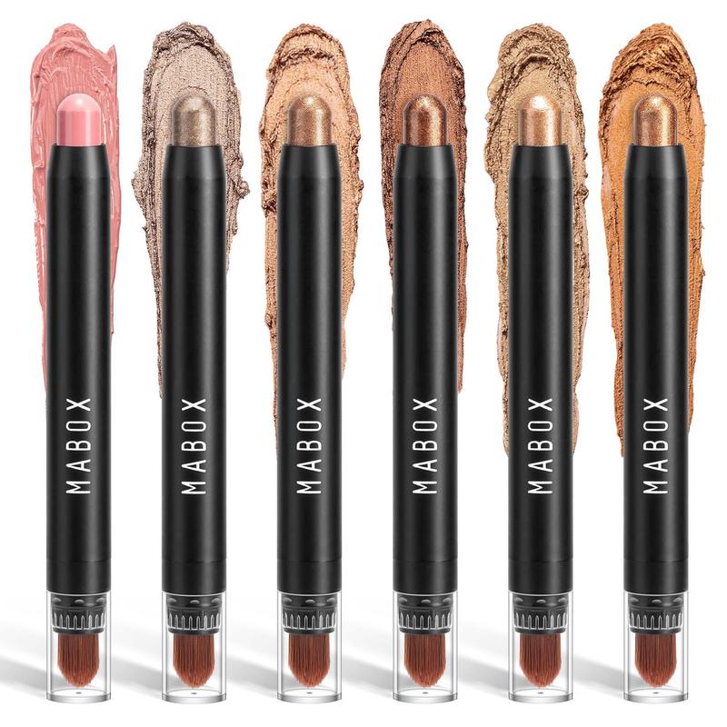 2 in 1 Long Lasting Eyeshadow Stick & Eye Makeup Brush Set, 6 Counts Shiny Pearlescent Glitter Shimmering Eyeshadow, Sparkling Lying Silkworm Eyeliner