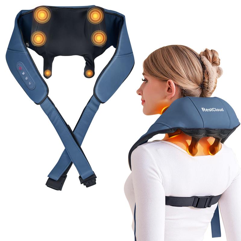 RESTCLOUD Neck and Shoulder Massager with Heat, Shiatsu Neck and Upper Back Massager with Heat, Protable Cordless Kneading Neck Massager