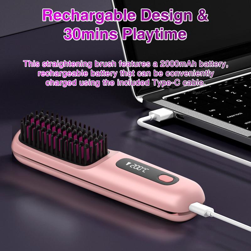 A Cordless Hair Straightener Brush oval brush Portable Negative Ion Hot Comb Long Battery Life with USB Rechargeable Feature Fast Heating Anti-Scald 3 Temp Settings , 20Mins Auto-Off, for Travel