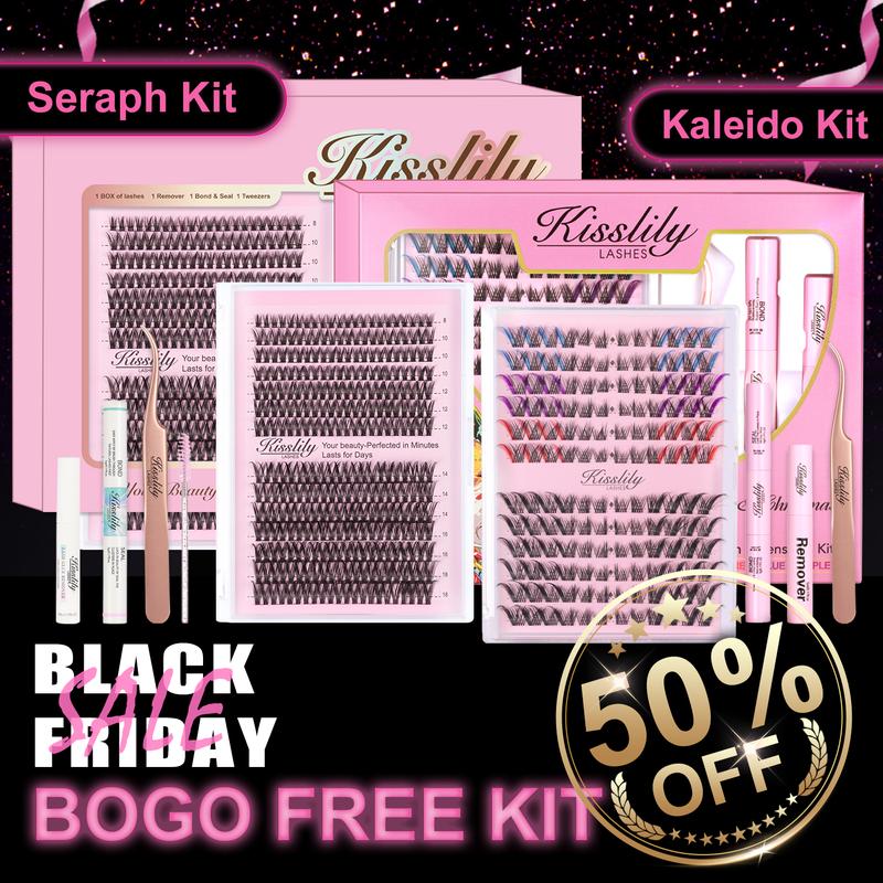 Kisslily Lashes Seraph Kit DIY False Eyelash Extension Kit Clusters Individual Lashes Waterproof and Long lasting Strong hold Bond and Seal,lash Tweezers for Beginner Friendly Makeup For Girl Christmas gift