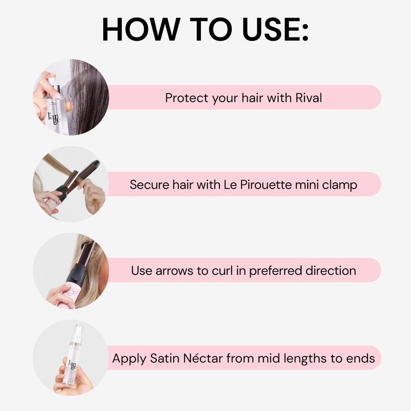 NEW! L’ange Lazy Girl Curls Starter  Pack - Le Pirouette Curling Iron, Satin Néctar 2oz, Rival Heat Protectant 4oz