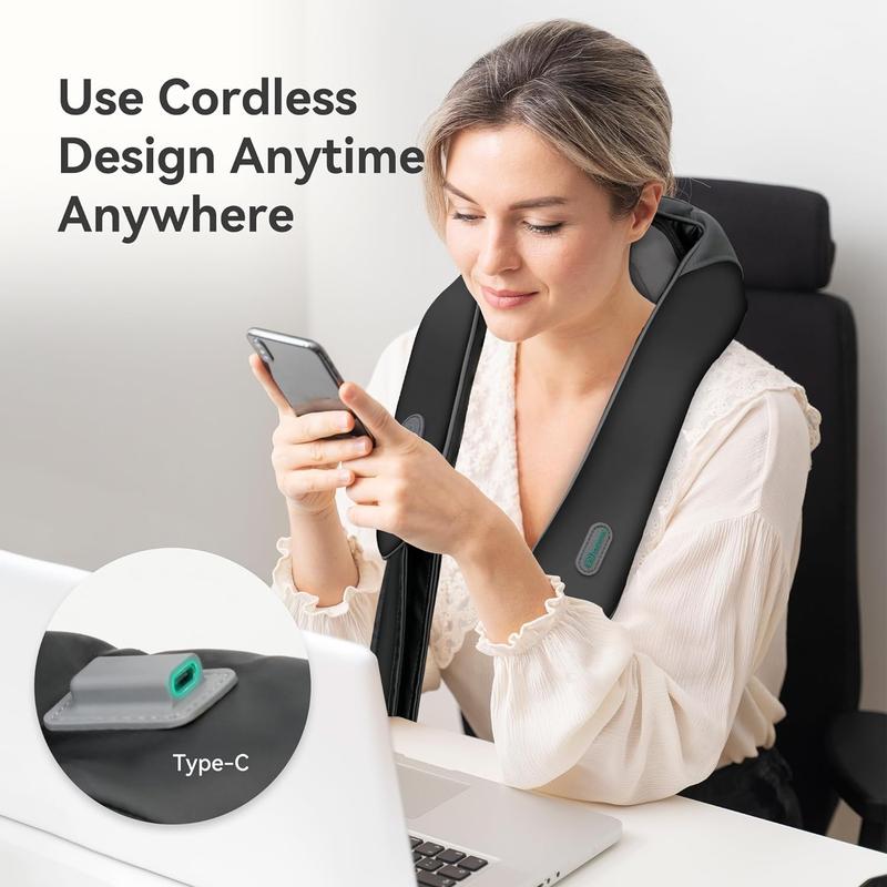 Cordless Neck Shoulder Massager with Soothing Heat, Upgarded 4D Deep Tissue Kneading, Shiatsu Neck Back Massager Pillow for Neck, Traps, Back, Gifts for Men Women Mom Dad