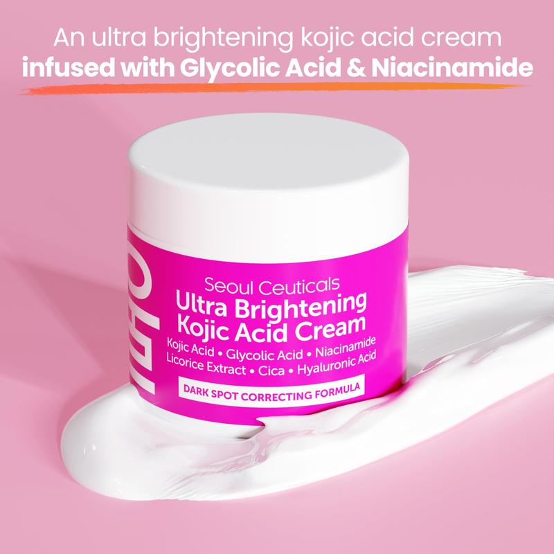 SeoulCeuticals Korean Kojic Acid Cream Dark Spot Remover + Glycolic Acid + Niacinamide + Cica + HA Moisturizer - Cruelty Free K Beauty Skincare 2oz Acne Acne Scar Treatment