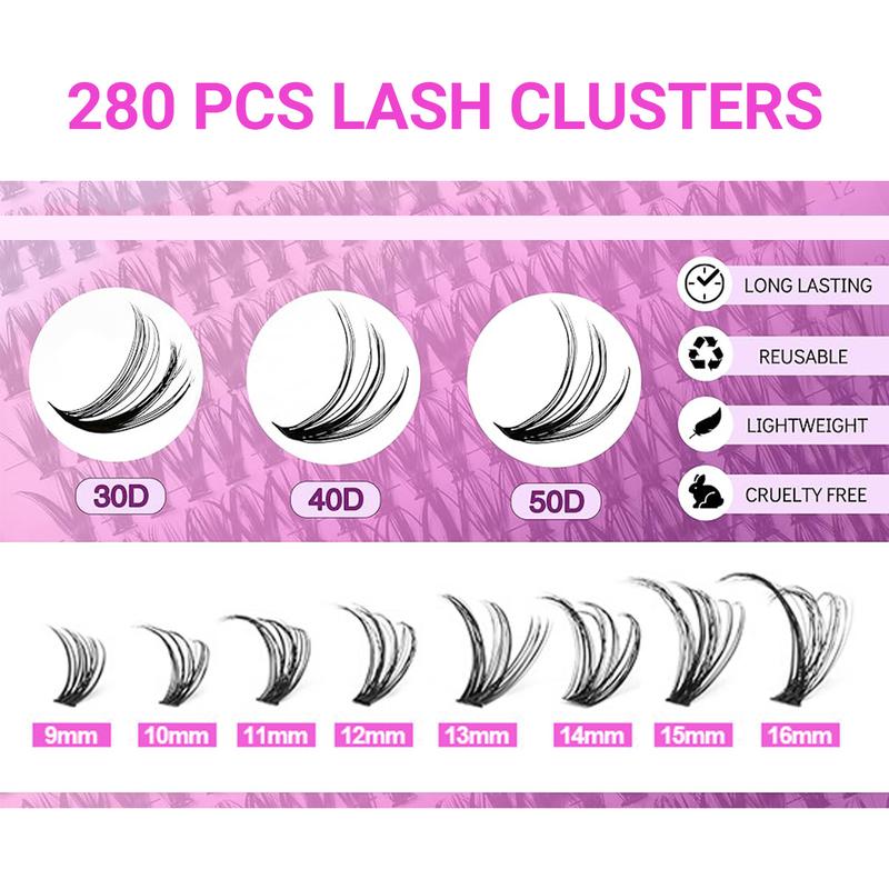 Lash Clusters Eyelash Extensions 280Pcs Individual Lashes 9-16mm Mix 30D 40D 50D Eyelash Clusters D Curl DIY Lash Extension And Eyelash Tool Kit For Eye Makeup Cosmetic Eyelashes Extensions