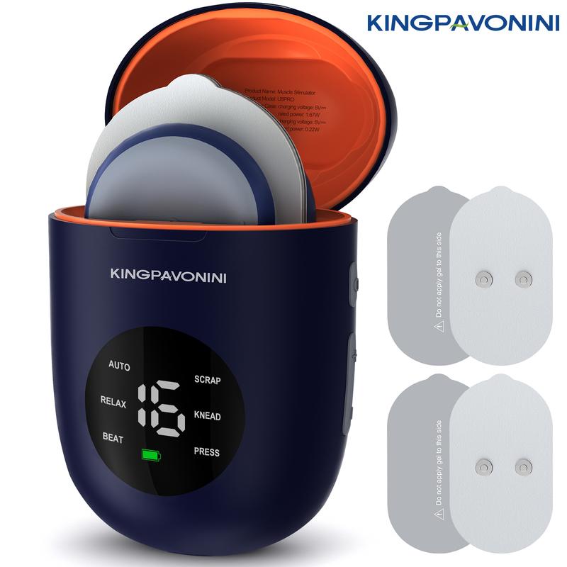 KingPavonini Wireless TENS Unit,Portable Rechargable TENS EMS Machine,LED Screen & Remote, Dual Channel 6 Modes 16 Intensity Massager, Charging Case (4 Pads)