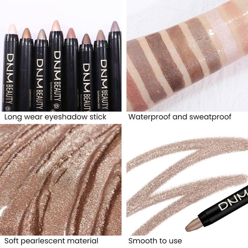 8pcs Eye Cream Eyeshadow Highlighter Stick Set, Champagne Bronze Cocoa Stone Putty Smoky Amethyst Shimmer Matte Pencil Eyeshadow Smudge Stick Palette Makeup Waterproof 03