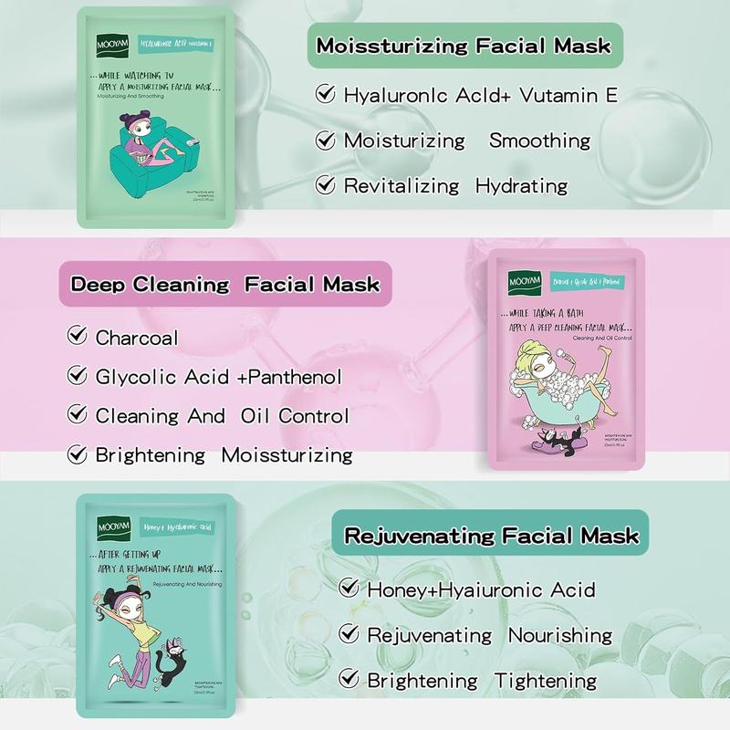 Face Masks Skincare Set for Girl,Moisturizing Collagen Facial Masks for Women Home Spa,Hyaluronic Acid Face Mask for  Skin Types,Day Night Facial Mask Deep Cleaning,Oil Contral 25ml (12Pack)
