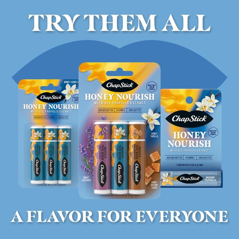 ChapStick Lip Balm Honey Nourish, Moisturizing Fomula with Shea Butter and Avocado Butter, Vitamin E, Flavors Honey Lavender, Honey Vanilla, Honey Brown Sugar, 3CT BC .45OZ