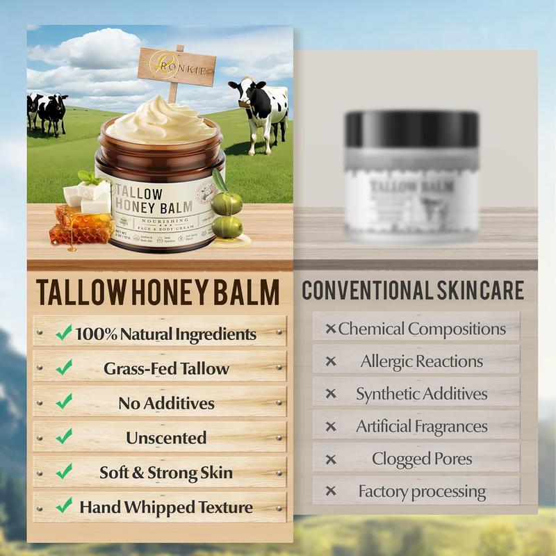 Beef Tallow for Skin Care: Grass-Fed Beef Tallow and Raw Honey Balm - Unscented Natural Tallow Face Moisturizer Smooth Soft for Dry Skin 2oz