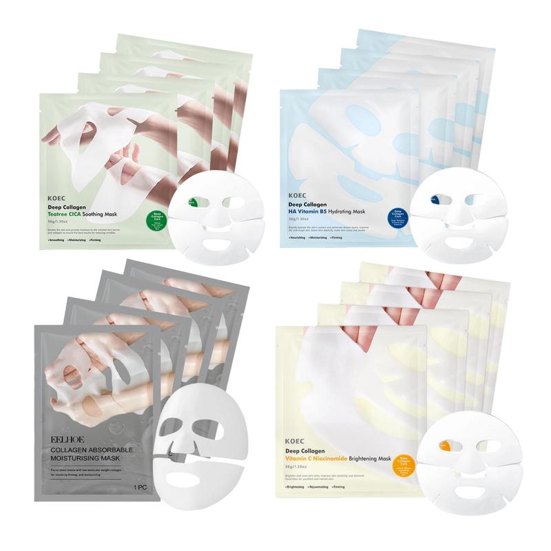 Collagen & Vitamin C Niacinamide & Tea Tree Cica & Vitamin B5 Facial Mask Set, 16pcs Moisturizing & Nourishing Face Mask, Skin Care Product for Women & Men