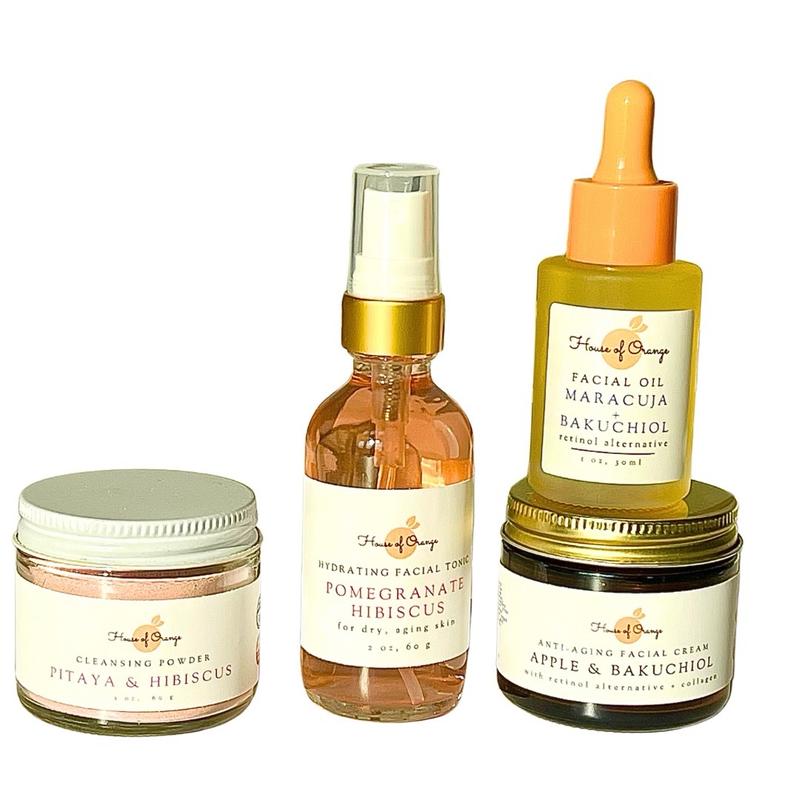 Natural Anti-Aging Facial Care Set with Pitaya & Hibiscus Powder Cleanser, Pomegranate Tonic, Maracuja Oil, Apple Cream for Hydrating Skin Repair