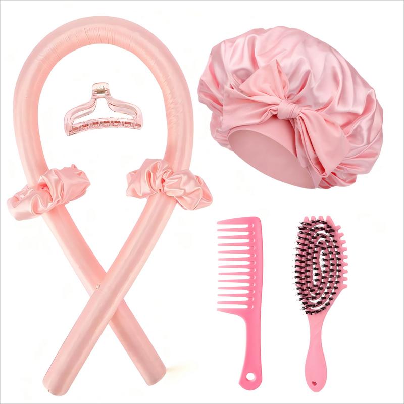 Heatless Curls Overnight & Satin Bonnet, No Heat Hair Curlers Headband for Long Hair, 7 PCS Curling Rod Set Haircare Gift for Women - Pink